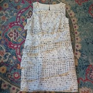 Ann Taylor White Black Abstract Print Tiered Ruffle Silk Blend Dress 8